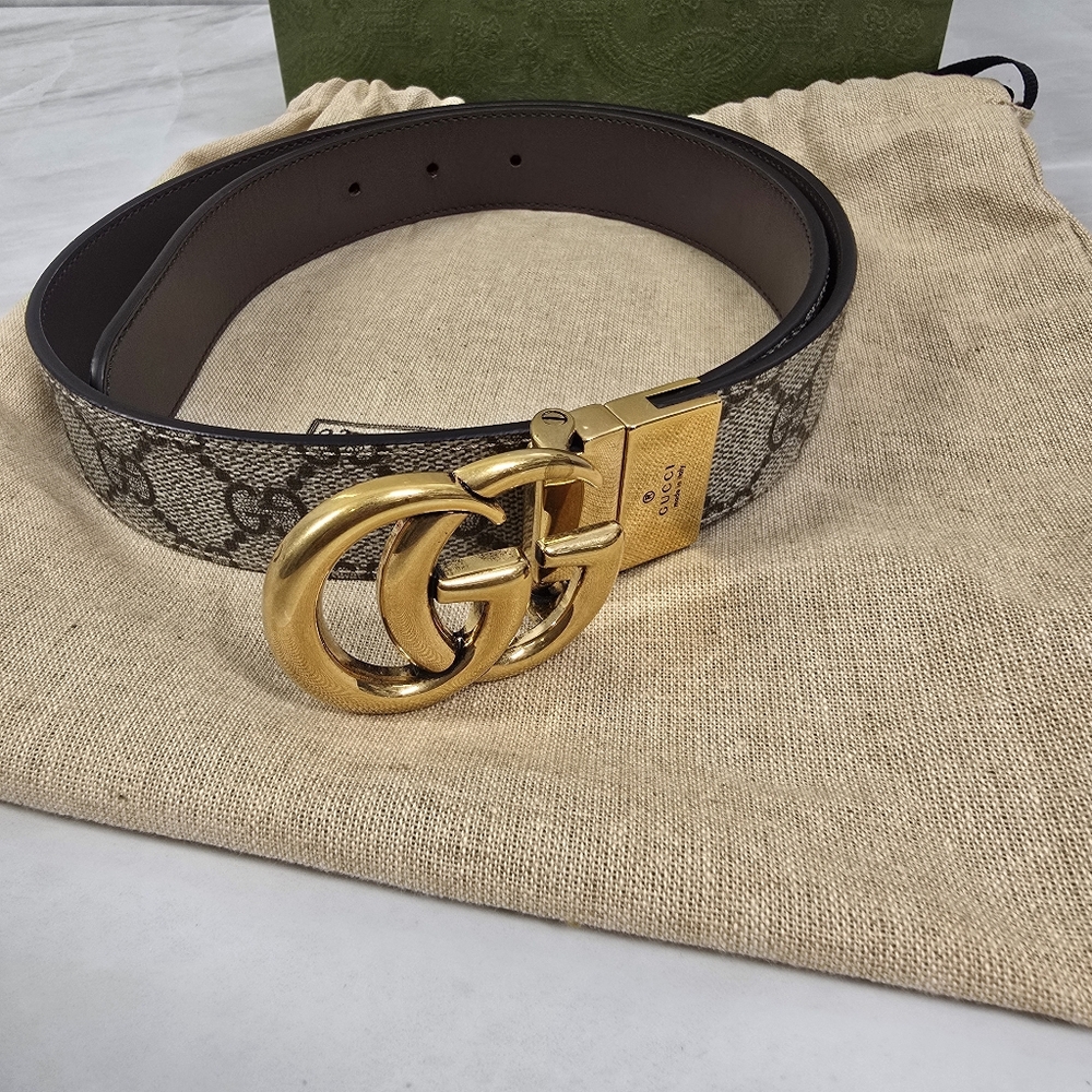 Gucci GG Supreme Brown Canvas Leather Belt - Reversible